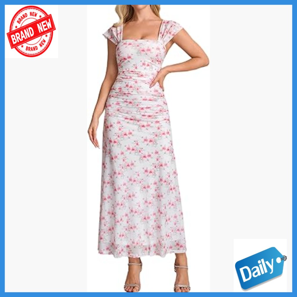 Maxi A-Line Mesh Wedding Guest Dress With Square Neck And Cap Sleeves